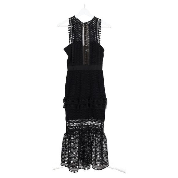 Self-Portrait Laser Cut Midi Frilled Column Dress in Black Polyester - Picture 2 of 6